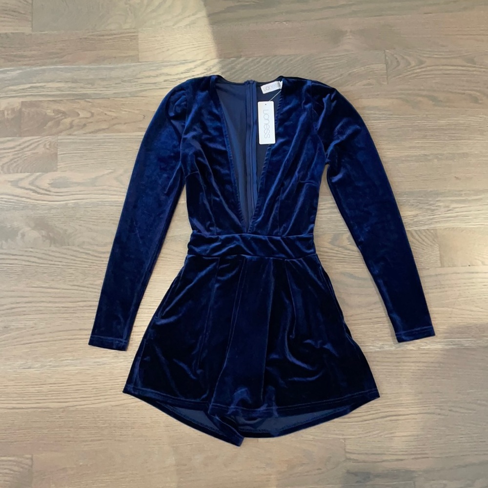 Velvet Navy blue romper with low v-neck